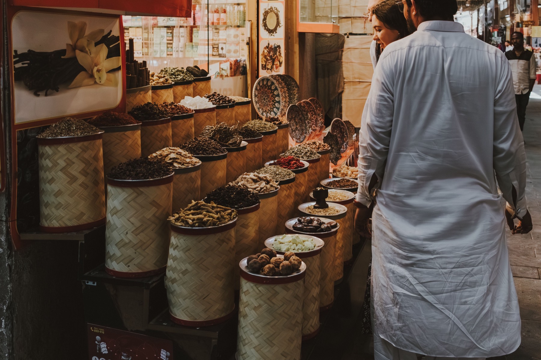 Rows of spice sacks at Dubai's Spice Souk in Deira